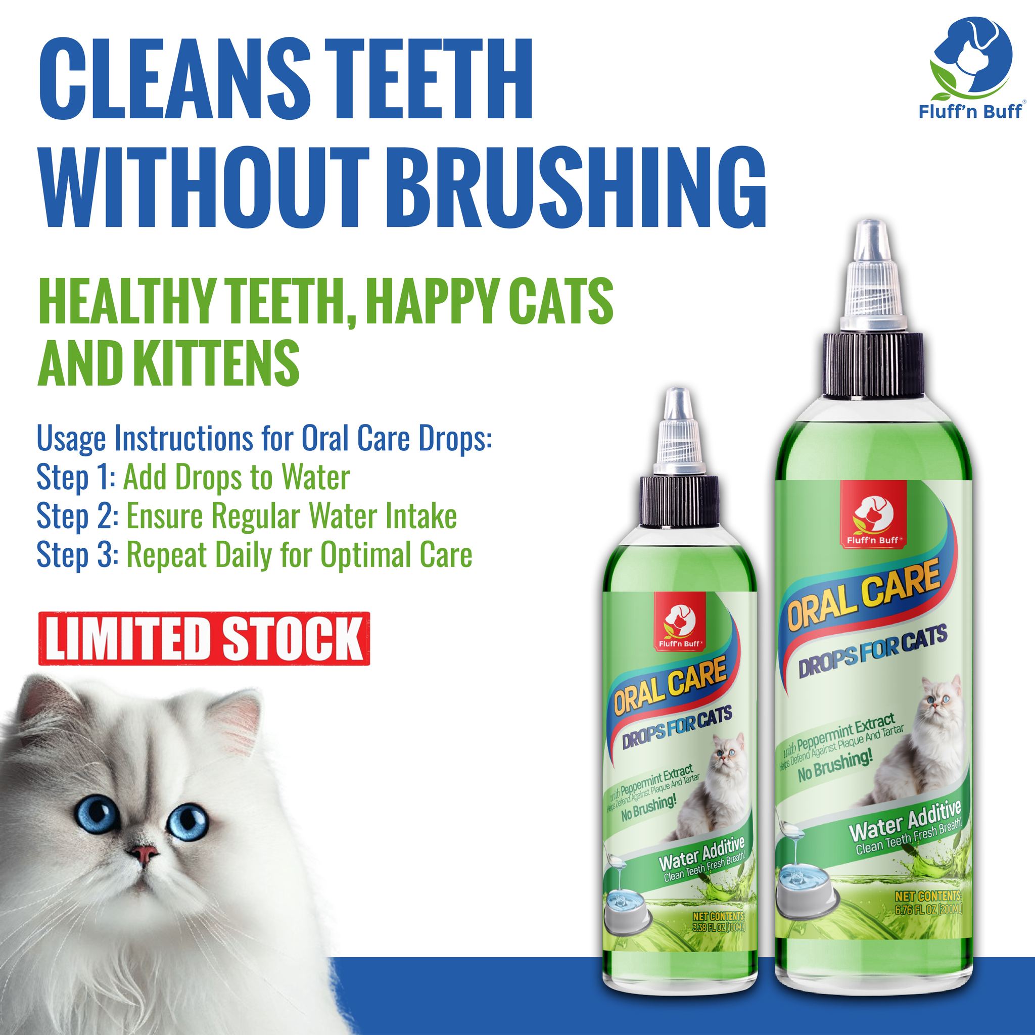 Fluff n Buff Water Additive Oral Care Drops For Cats And Kittens